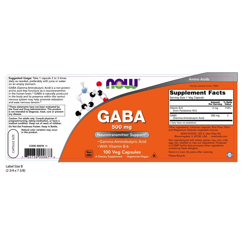  나우 Now, GABA 500 mg, 100 캡슐