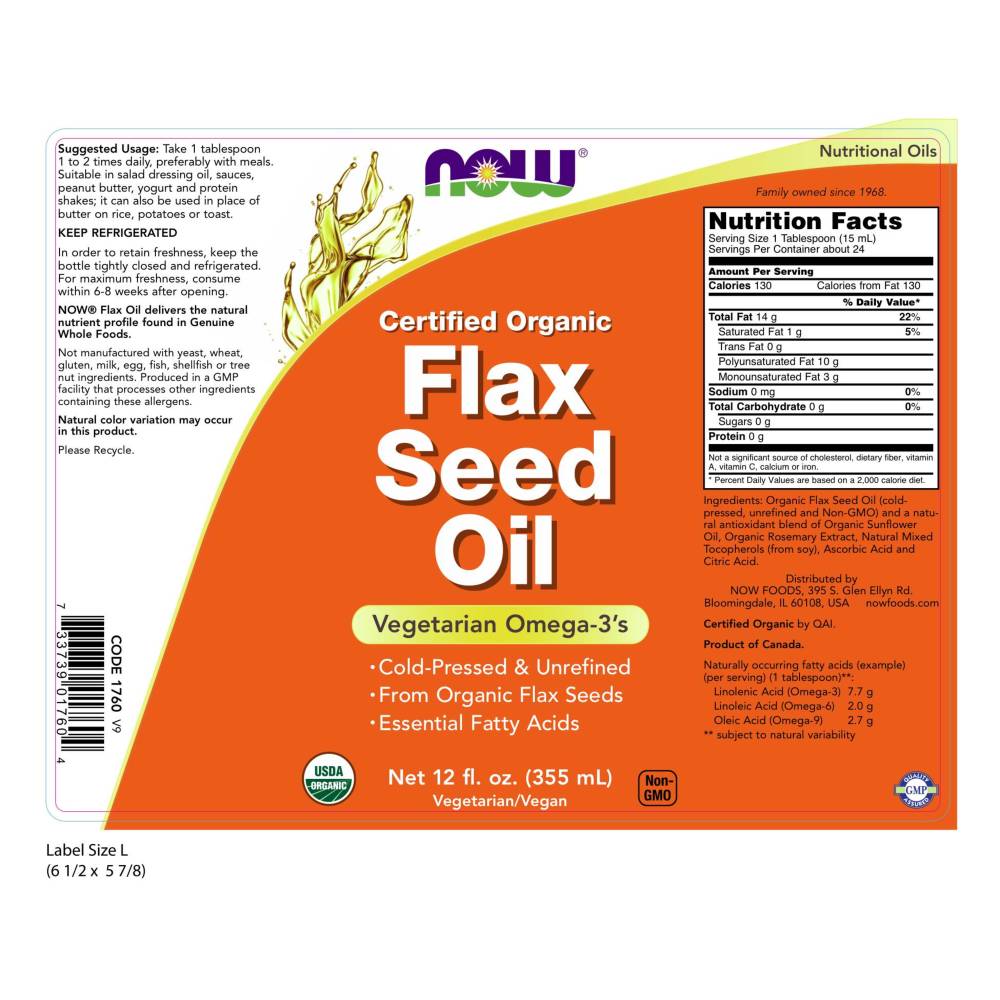  나우 Now, Flax Seed Oil 유기농 인증, 12 fl oz (355 ml)